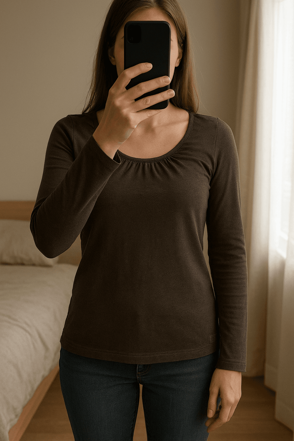 Nieuwe wollen taupekleurige trui - Xandres - maat L debout, face à la caméra, dans une chambre à la lumière douce, avec une lumière naturelle filtrant par la fenêtre.