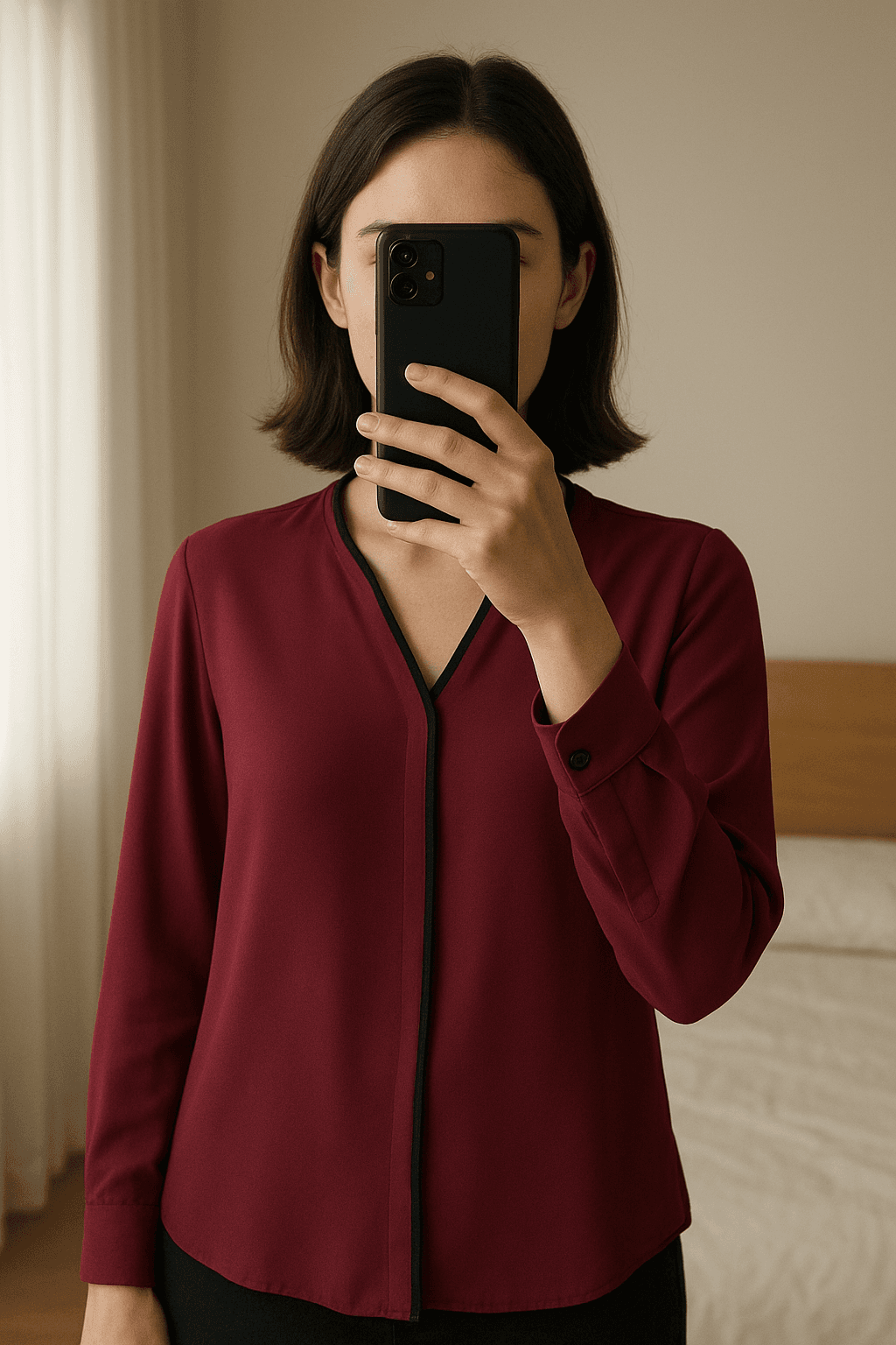 Blusa in piedi, rivolto verso la fotocamera, in una camera da letto con luce soffusa e luce naturale che filtra dalla finestra.