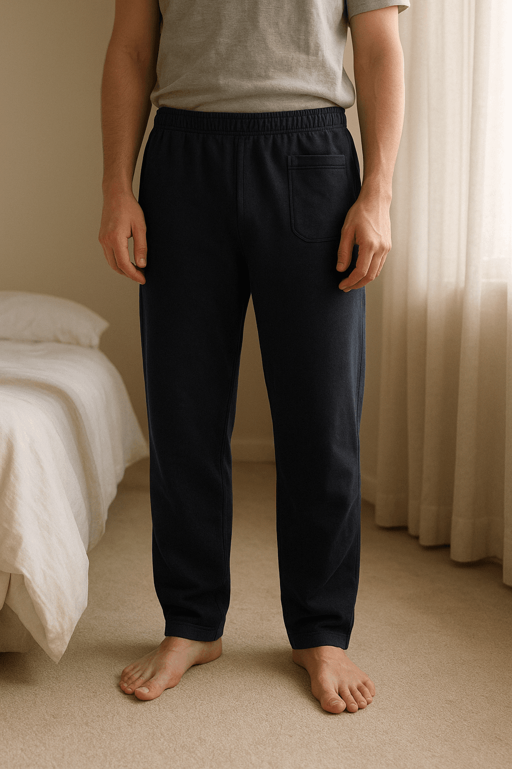 Dark gray sweatpants 90sVintage y2k in piedi, rivolto verso la fotocamera, in una camera da letto con luce soffusa e luce naturale che filtra dalla finestra.