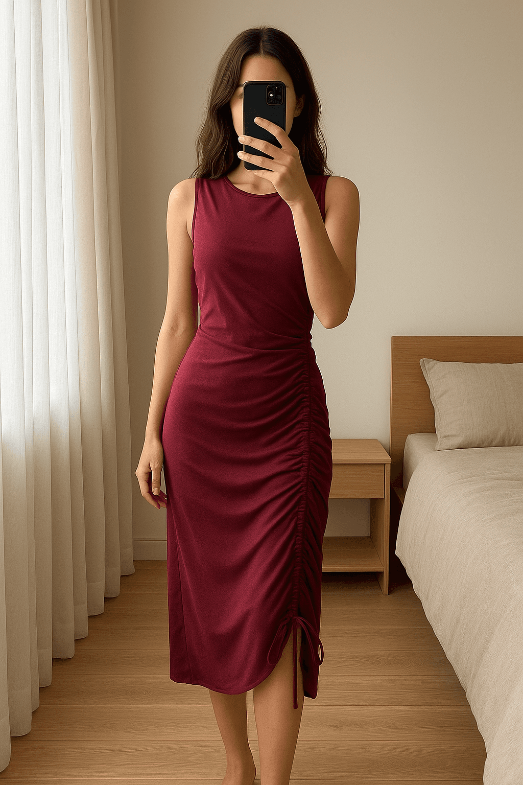 Mini Abito Tubino donna Rouché con Coulisse Regolabile - Vestibilità Perfetta in piedi, rivolto verso la fotocamera, in una camera da letto con luce soffusa e luce naturale che filtra dalla finestra.