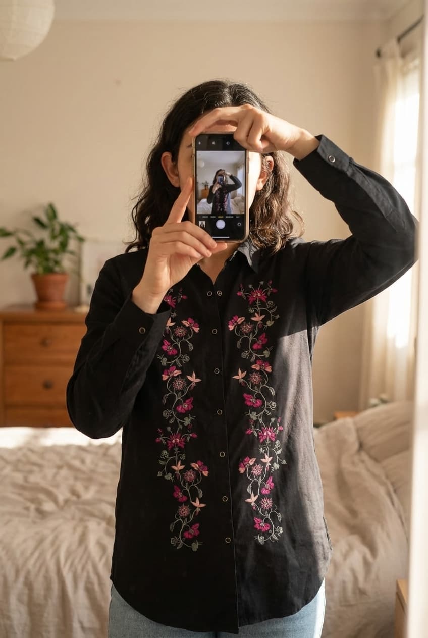 Chemise fleurie Bonobo debout, face à la caméra, dans une chambre à la lumière douce, avec une lumière naturelle filtrant par la fenêtre.