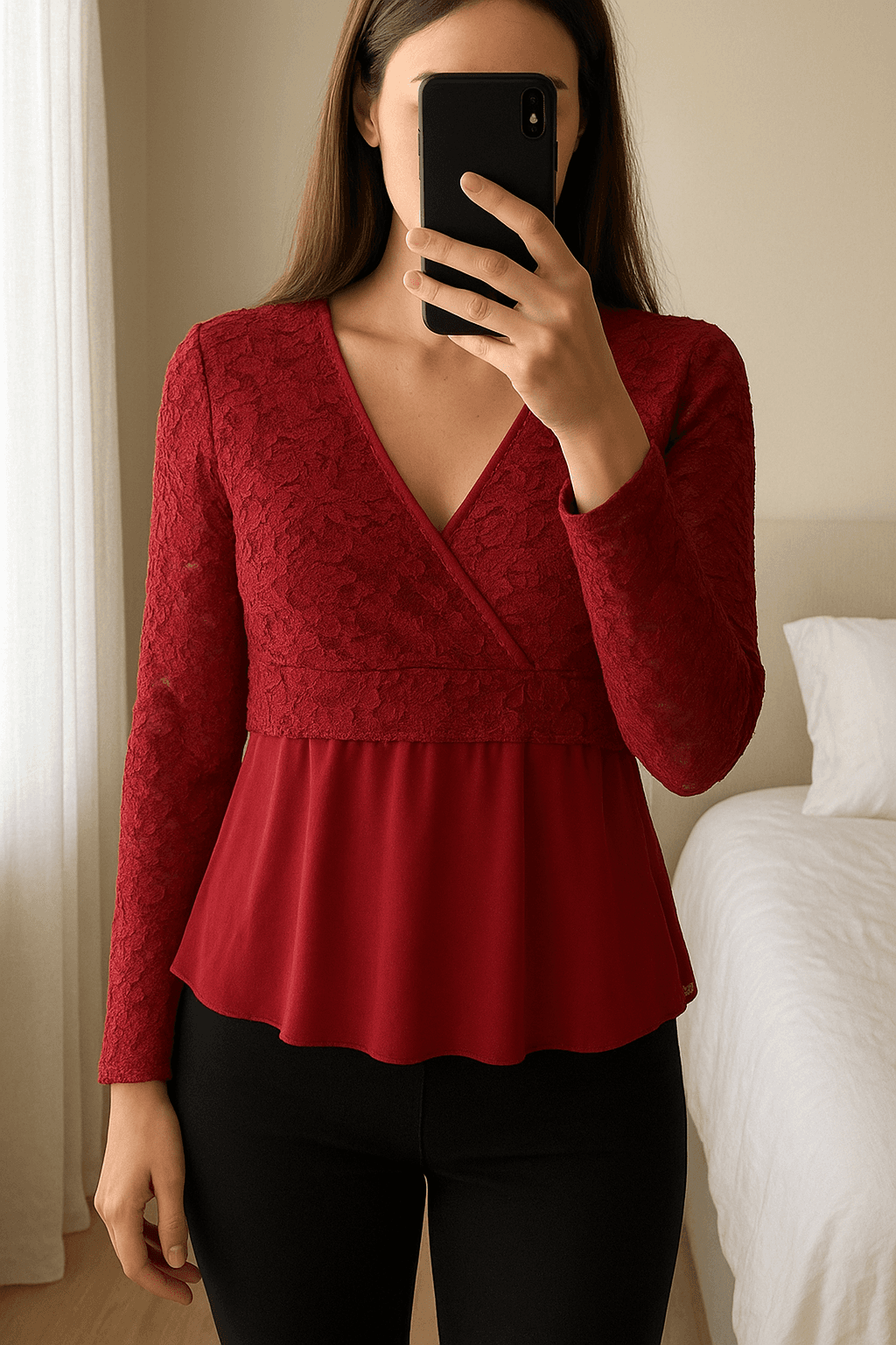 Bordowa elegancka bluzka z koronką V-neck XL 42 świąteczna długi rękaw standing straight facing the camera, in a softly lit bedroom setting, with gentle natural light filtering through a window.