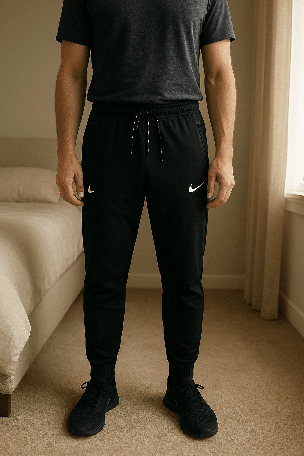 Nike Aeroswift taille M debout, face à la caméra, dans une chambre à la lumière douce, avec une lumière naturelle filtrant par la fenêtre.
