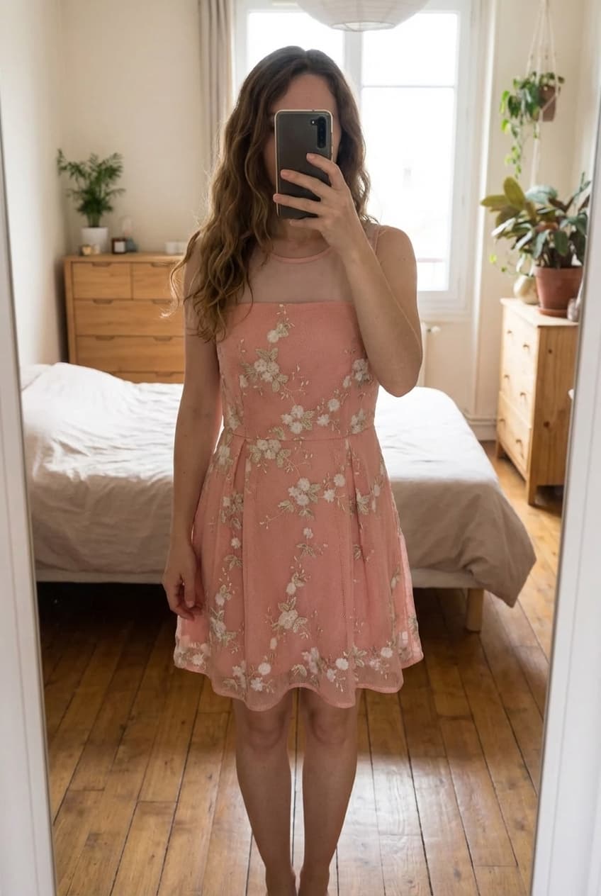 Sublime robe cocktail 40 debout, face à la caméra, dans une chambre à la lumière douce, avec une lumière naturelle filtrant par la fenêtre.