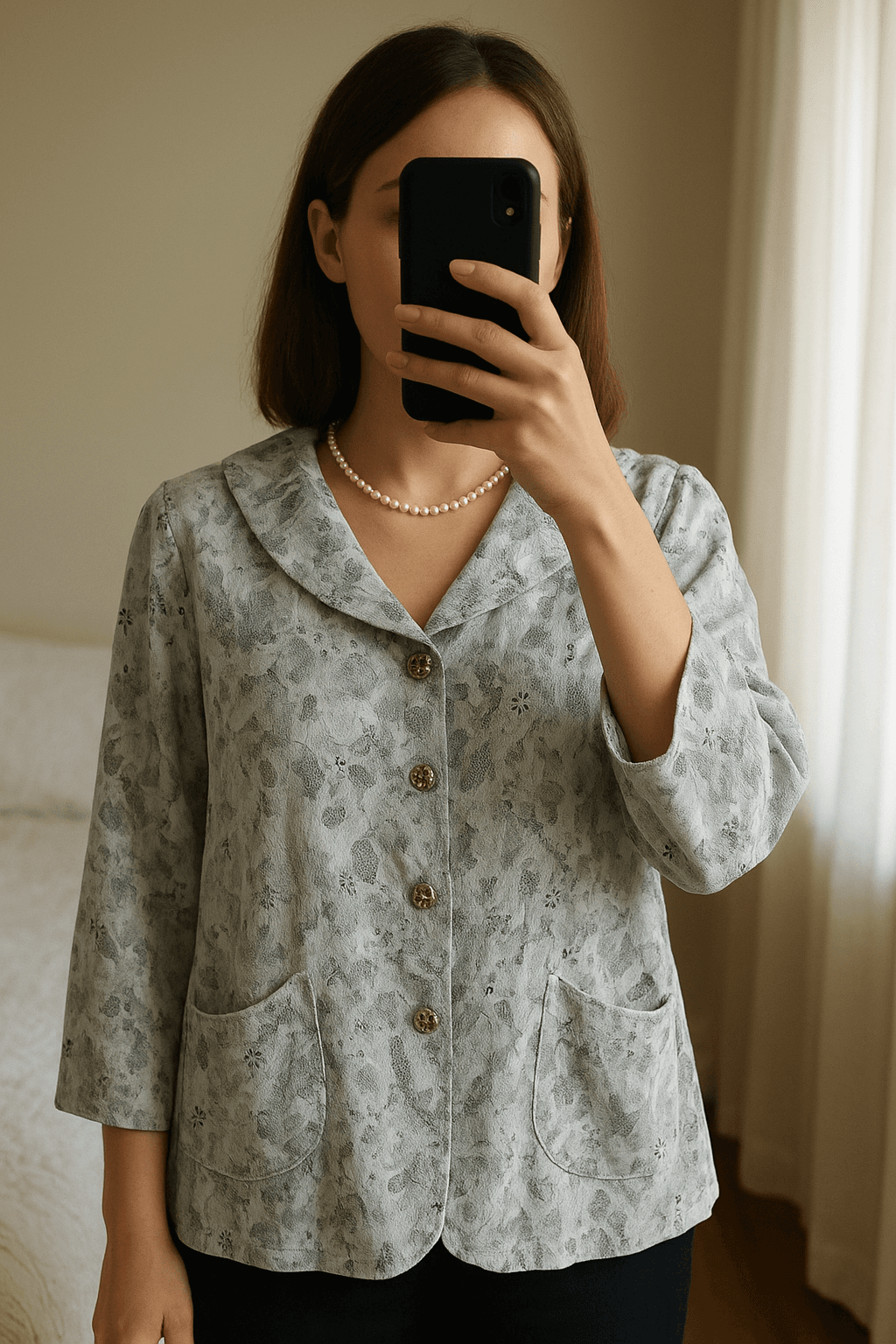 Srebrna żakardowa kurtka marynarka floral baroque elegant oldmoney oversize aesthetic standing straight facing the camera, in a softly lit bedroom setting, with gentle natural light filtering through a window.