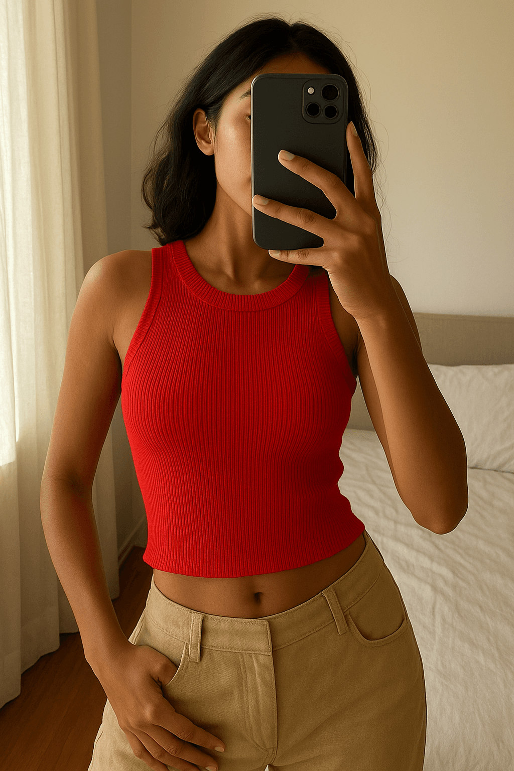 Una persona in Top corto rosso a costine Stradivarius (taglia S) inarcando leggermente la schiena per una posa dinamica, con corporatura snella, in una camera da letto con luce soffusa e luce naturale che filtra dalla finestra.