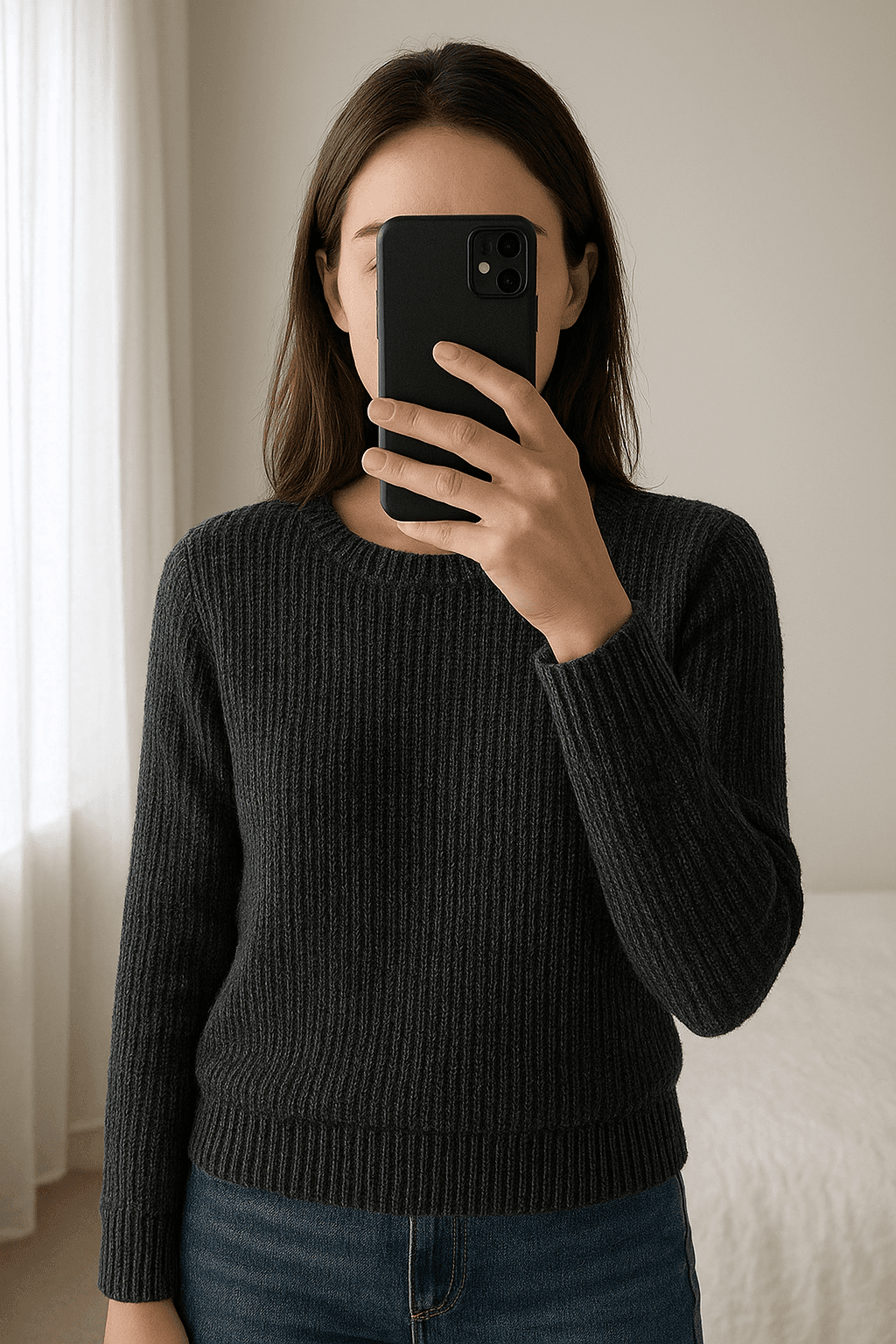 grauer Pullover aufrecht stehend, der Kamera zugewandt, in einem sanft beleuchteten Schlafzimmer, mit natürlichem Licht, das durch ein Fenster fällt.