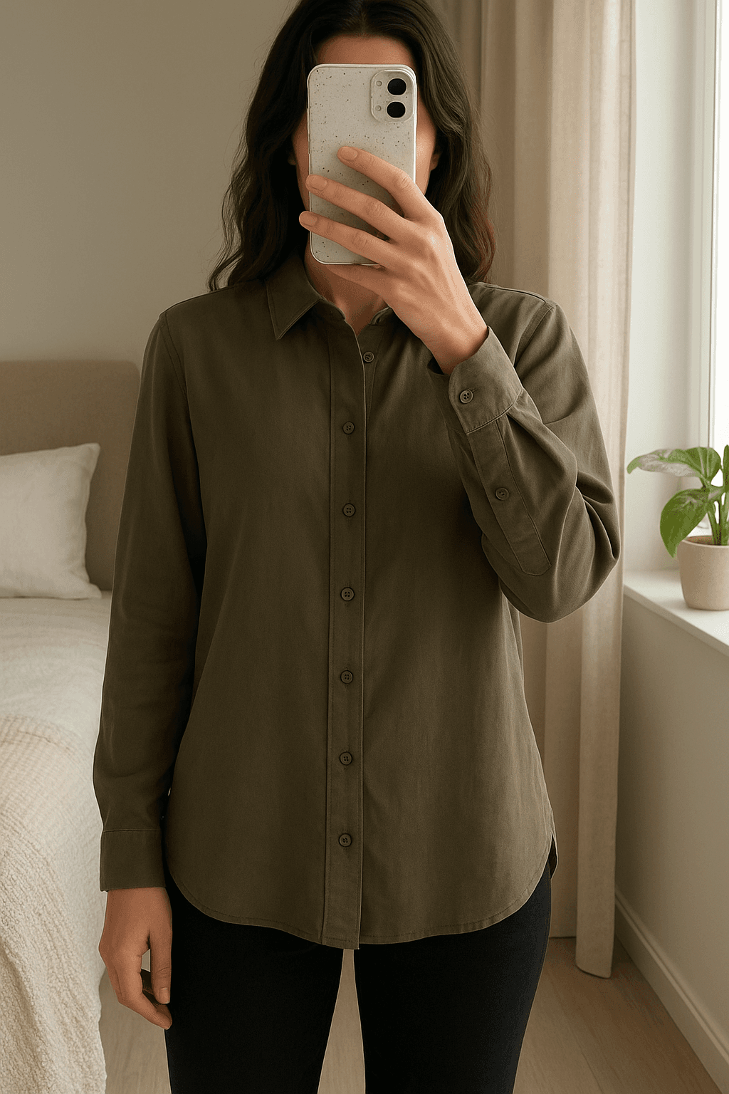 Lange Khaki Bluse, fester Stoff Größe S JDY aufrecht stehend, der Kamera zugewandt, in einem sanft beleuchteten Schlafzimmer, mit natürlichem Licht, das durch ein Fenster fällt.