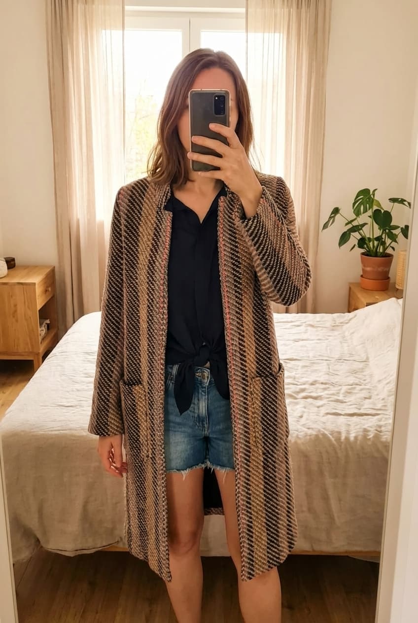 Sublime manteau debout, face à la caméra, dans une chambre à la lumière douce, avec une lumière naturelle filtrant par la fenêtre.