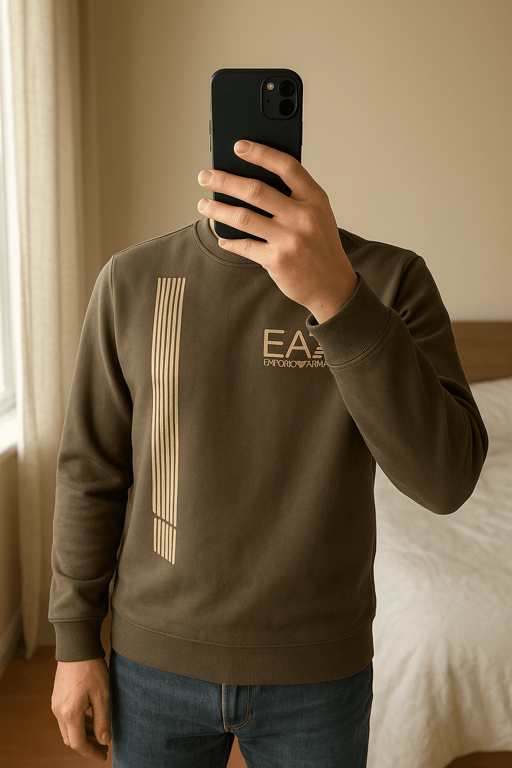 Khaki EA7 Emporio Armani Jumper standing straight facing the camera, in a softly lit bedroom setting, with gentle natural light filtering through a window.