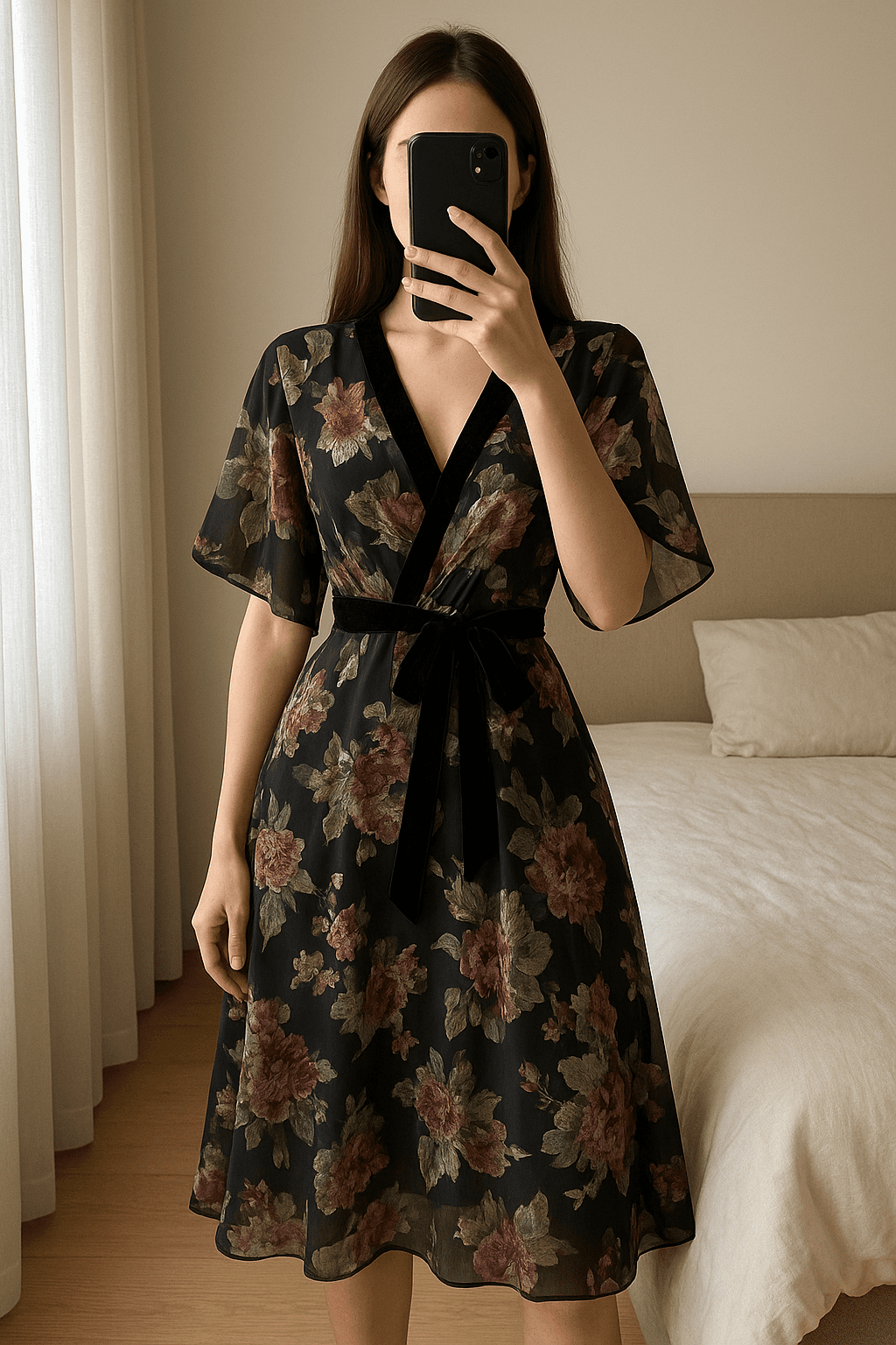 Vestito in piedi, rivolto verso la fotocamera, in una camera da letto con luce soffusa e luce naturale che filtra dalla finestra.