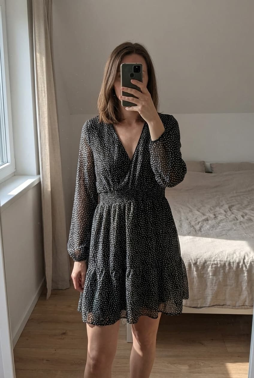 Robe à pois debout, face à la caméra, dans une chambre à la lumière douce, avec une lumière naturelle filtrant par la fenêtre.