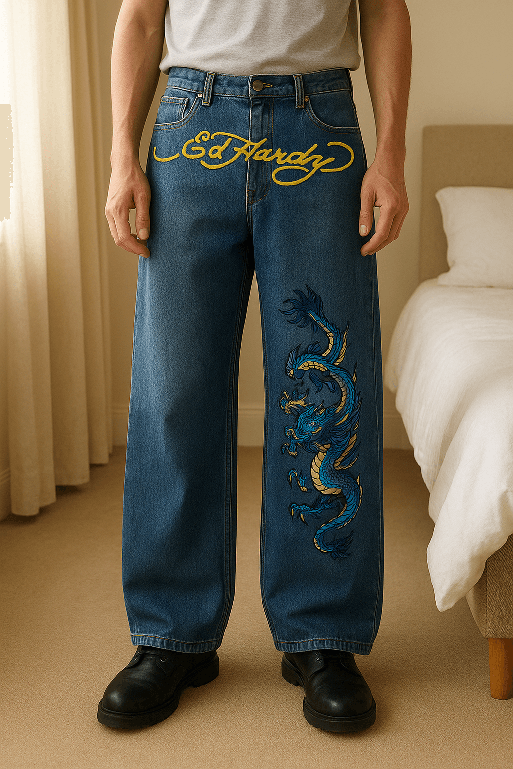 ed hardy baggy jeans y2k in piedi, rivolto verso la fotocamera, in una camera da letto con luce soffusa e luce naturale che filtra dalla finestra.
