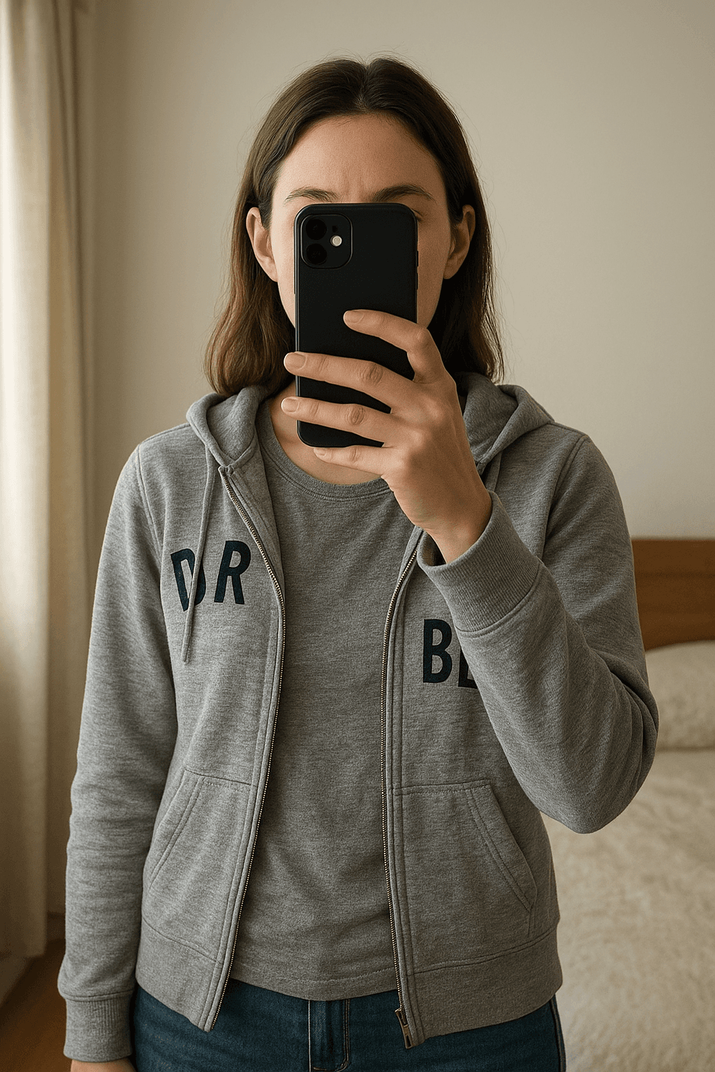 Pulover pentru adolescenți standing straight facing the camera, in a softly lit bedroom setting, with gentle natural light filtering through a window.