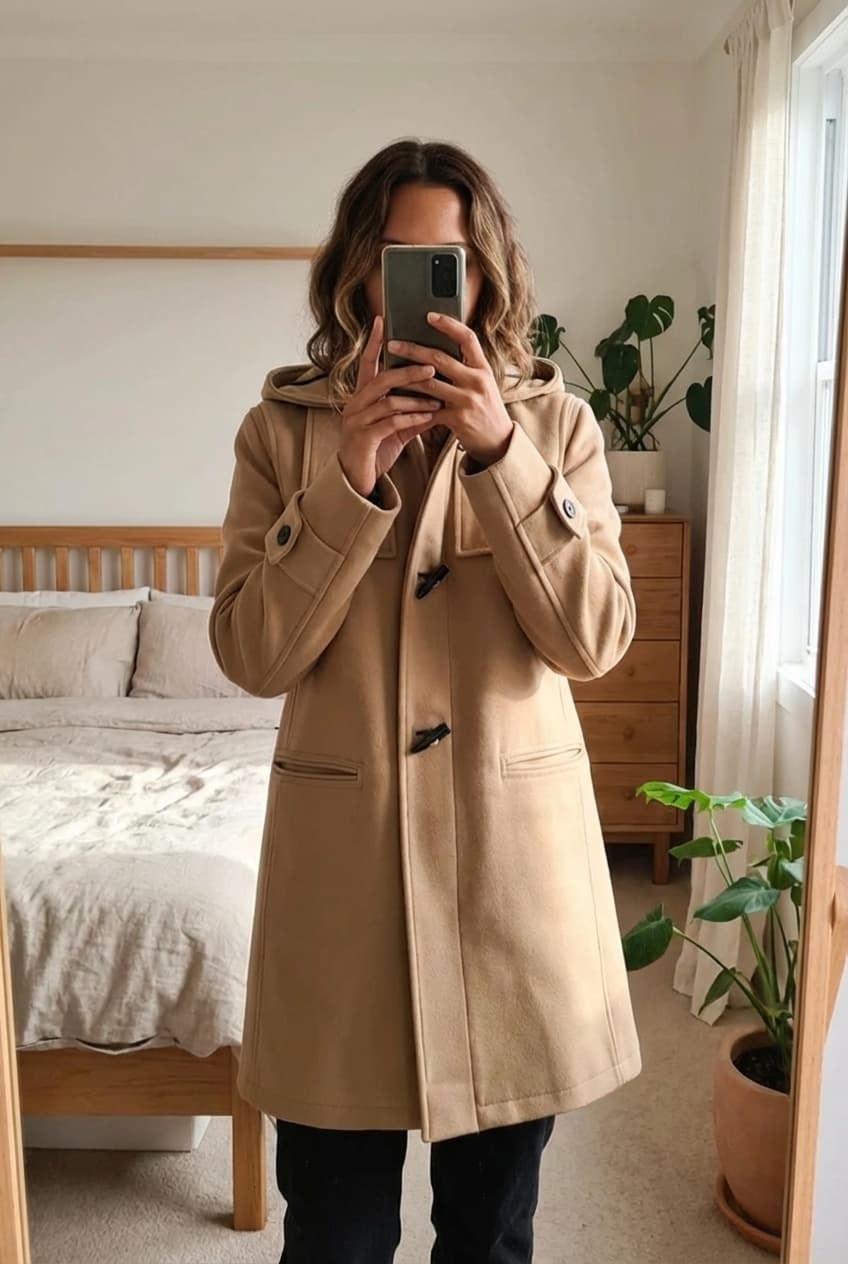 Une personne en Manteau Sandro Paris laine & cachemire taille S debout, face à la caméra, avec une silhouette fine, dans une chambre à la lumière douce, avec une lumière naturelle filtrant par la fenêtre.