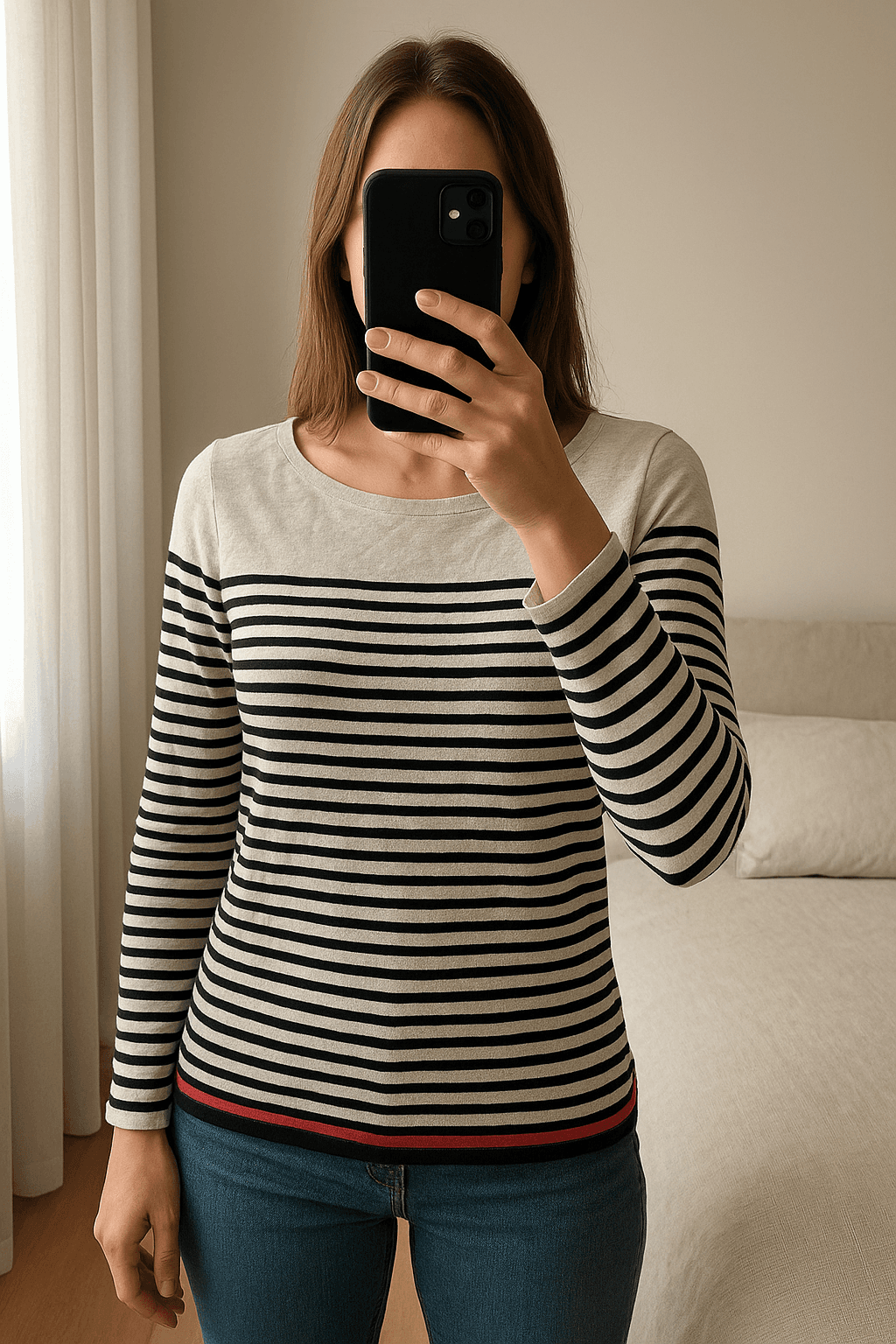 Tommy Hilfiger longsleeve de pie, mirando a la cámara, en un dormitorio con luz suave y natural filtrándose por la ventana.