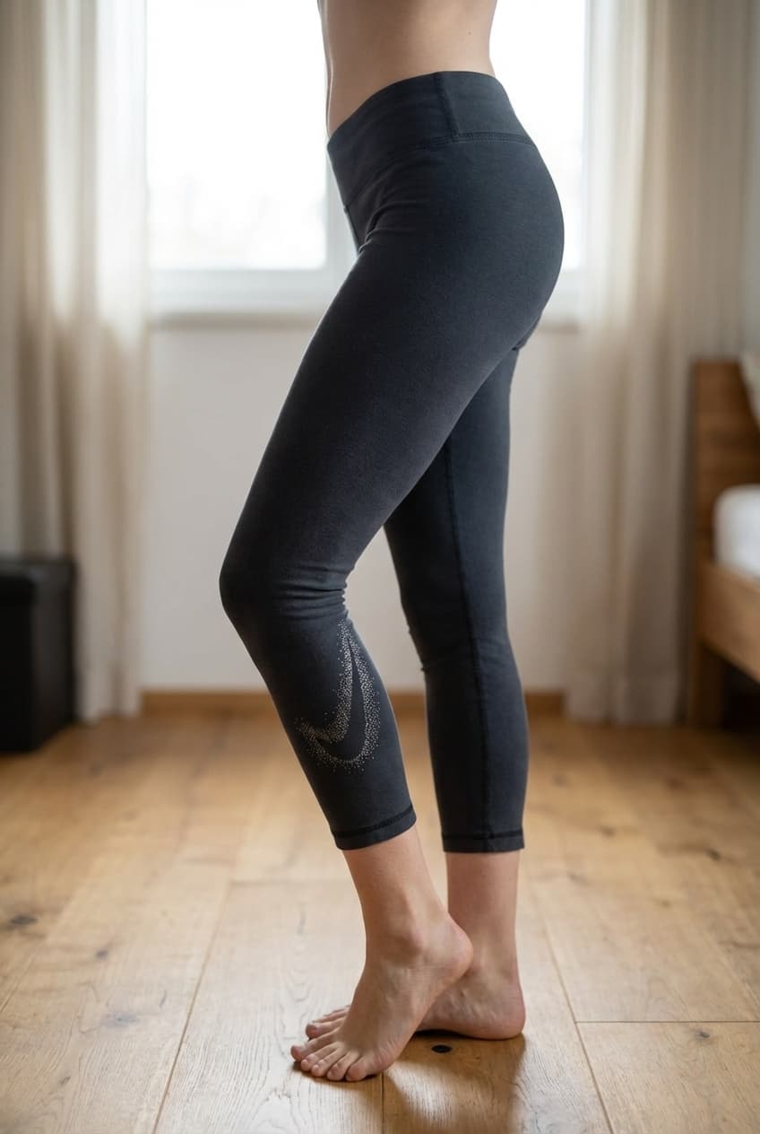 Une personne en Legging pantacourt, Sport-taille 8 ans -Nike cambrant légèrement le dos pour une pose dynamique, avec une silhouette fine, dans une chambre à la lumière douce, avec une lumière naturelle filtrant par la fenêtre.