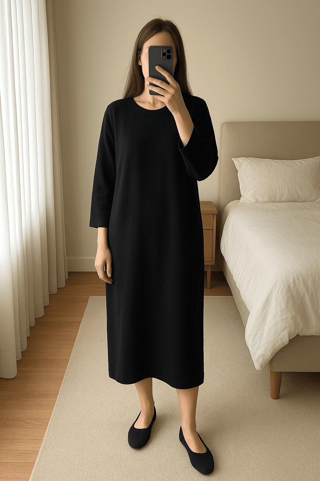 Abito nero donna Martino Midali a forma di tulipano– modello casual/elegante in piedi, rivolto verso la fotocamera, in una camera da letto con luce soffusa e luce naturale che filtra dalla finestra.