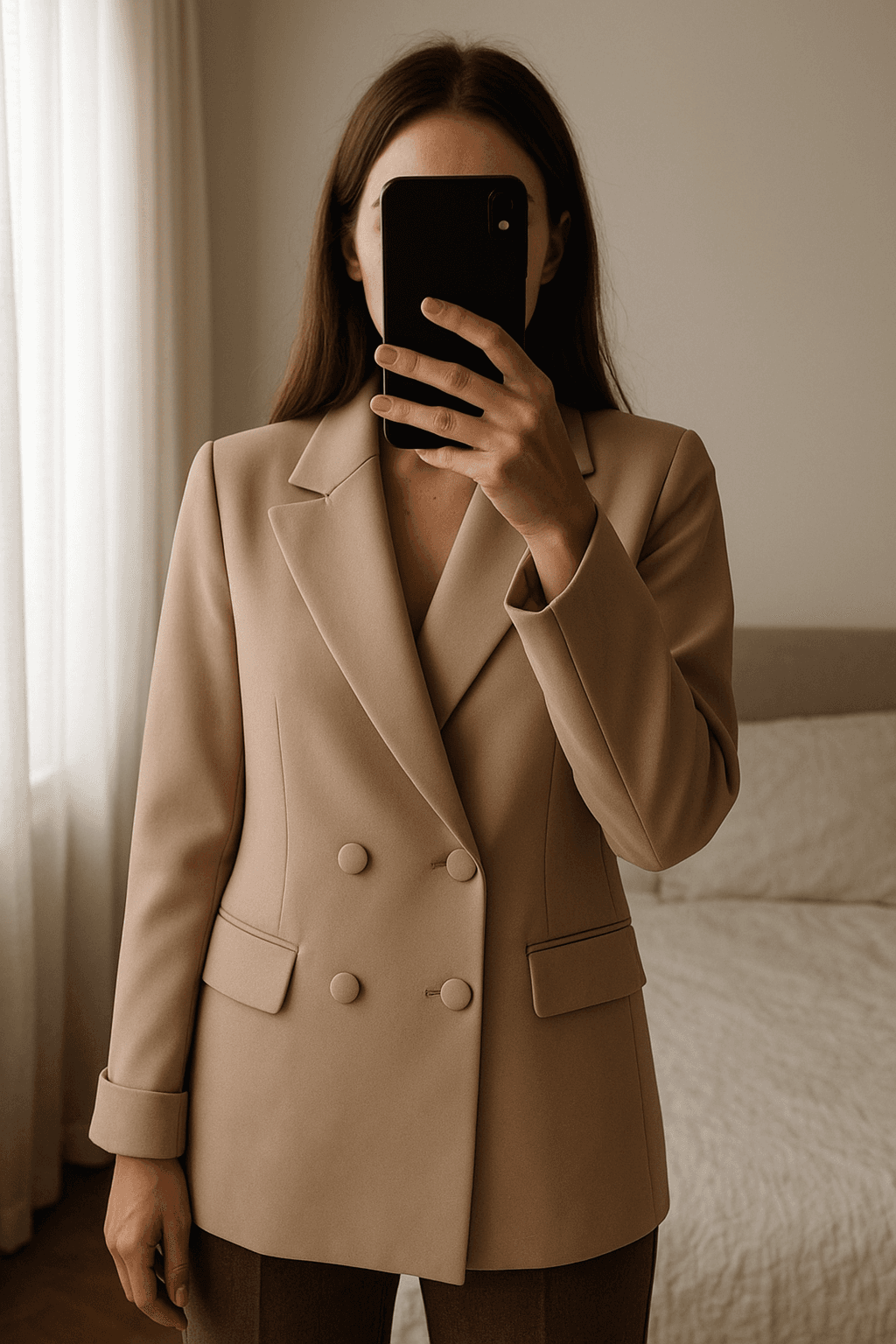 Marynarka damska beżowa oversize, dwurzędowa na guziki, must have, nowa, r. M standing straight facing the camera, in a softly lit bedroom setting, with gentle natural light filtering through a window.