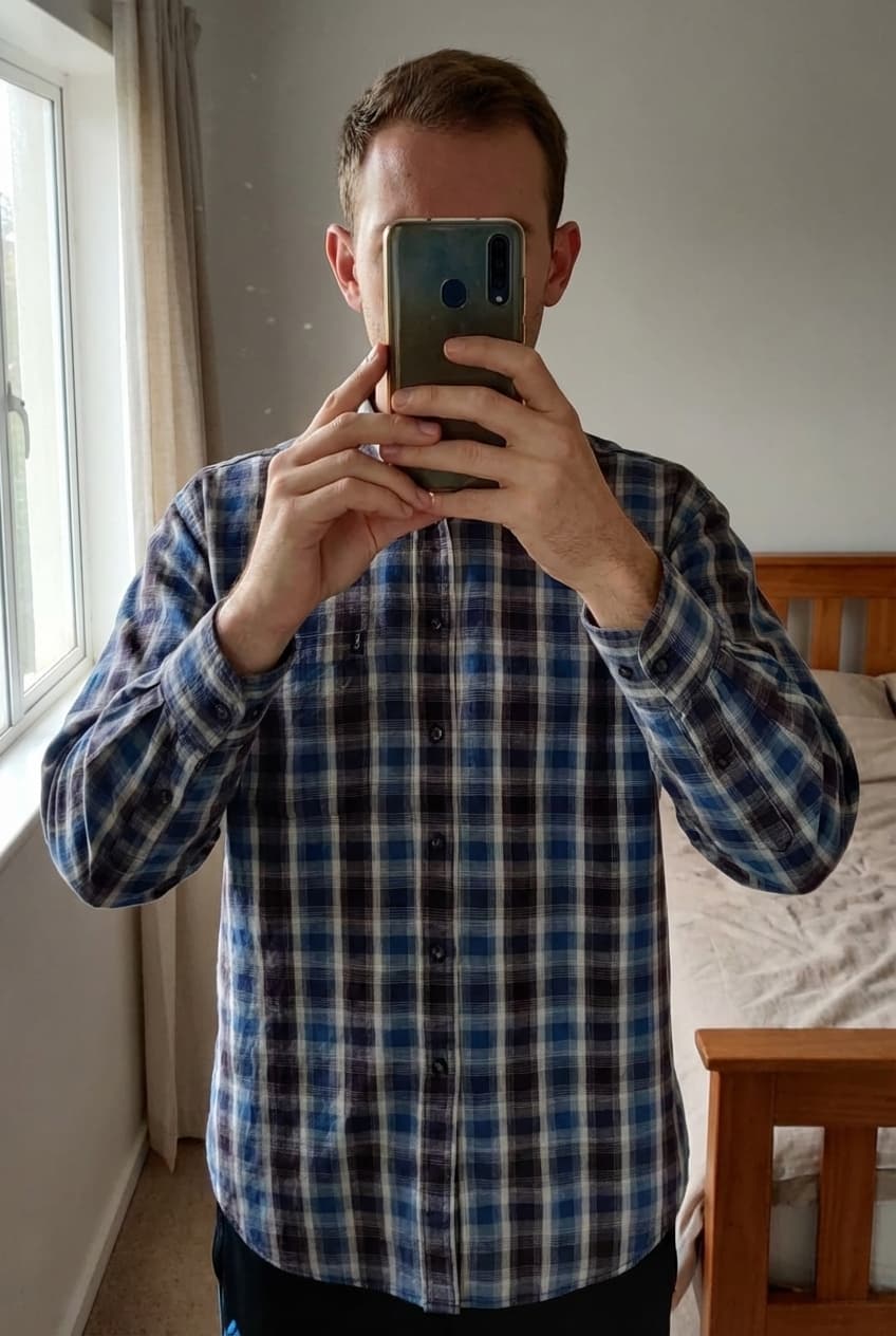 Une personne en Chemise manches longues Taille M debout, face à la caméra, dans une chambre à la lumière douce, avec une lumière naturelle filtrant par la fenêtre.