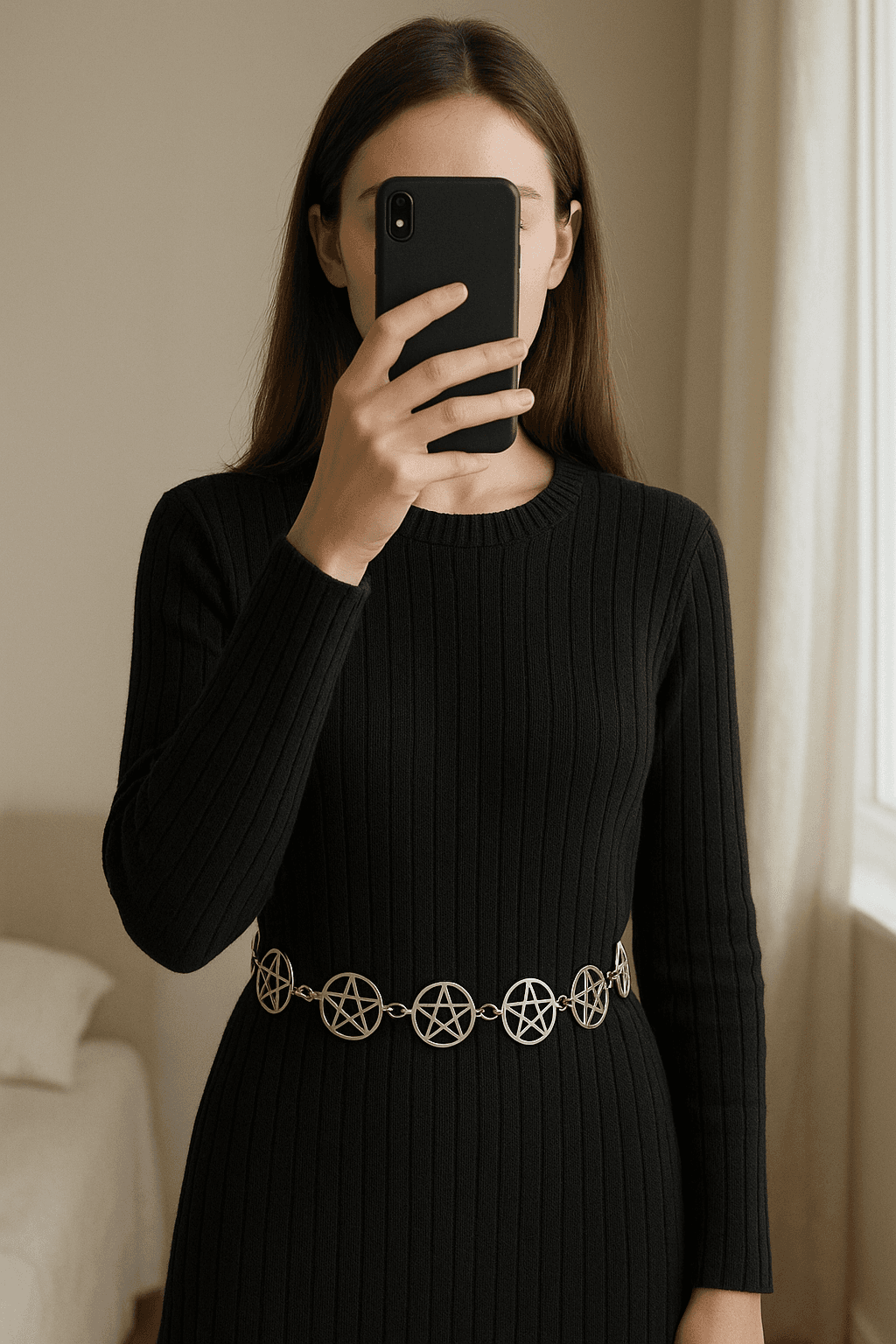 langes schwarzes Rippenpullover aufrecht stehend, der Kamera zugewandt, in einem sanft beleuchteten Schlafzimmer, mit natürlichem Licht, das durch ein Fenster fällt.