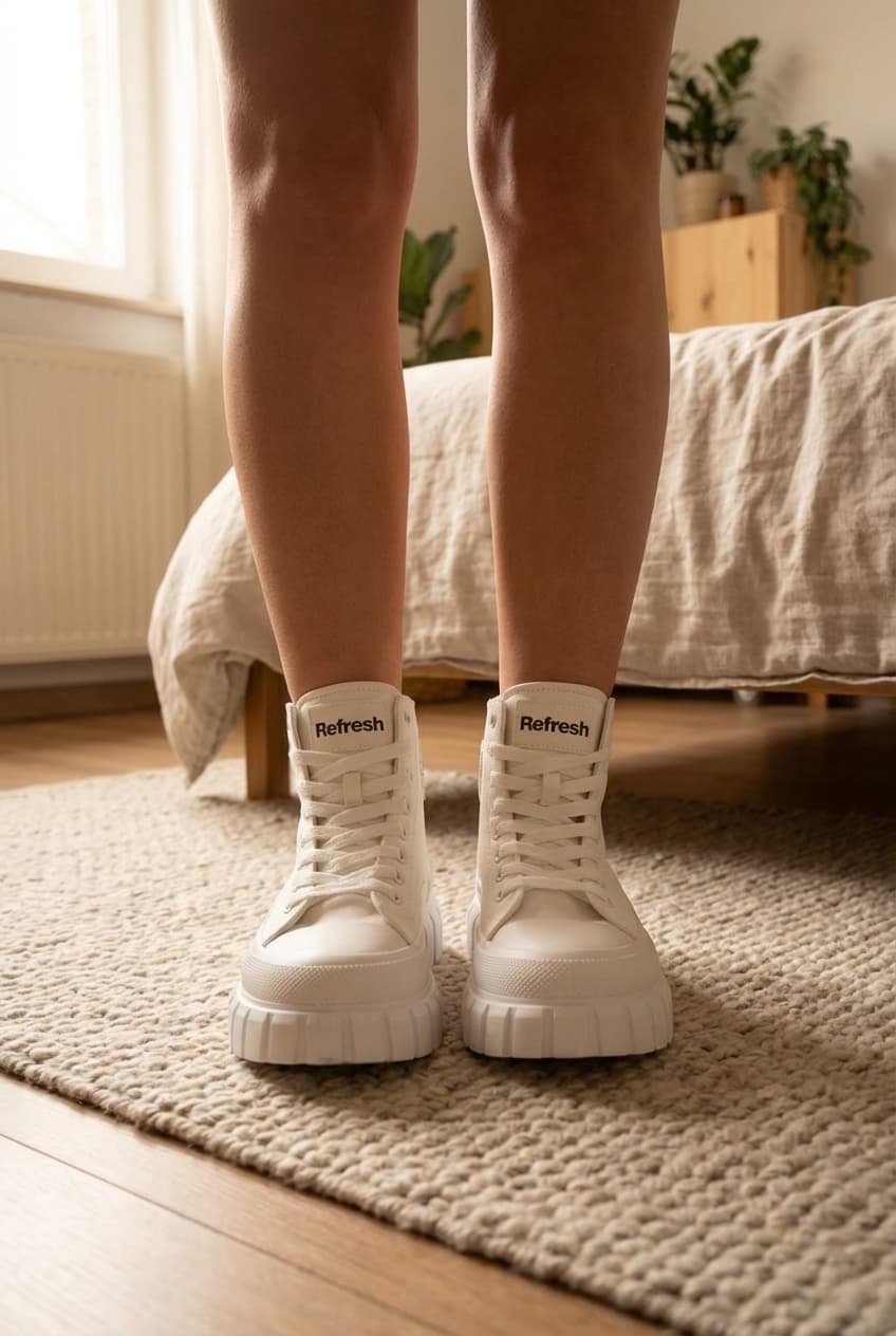 Baskets Refresh neuves debout, face à la caméra, dans une chambre à la lumière douce, avec une lumière naturelle filtrant par la fenêtre.