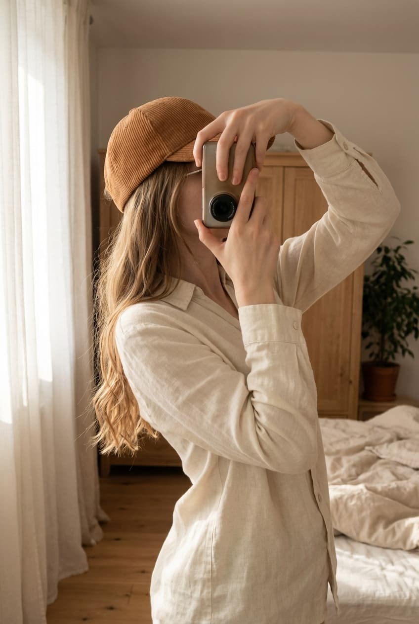 Une personne en Casquette velours Camel cambrant légèrement le dos pour une pose dynamique, avec une silhouette fine, dans une chambre à la lumière douce, avec une lumière naturelle filtrant par la fenêtre.