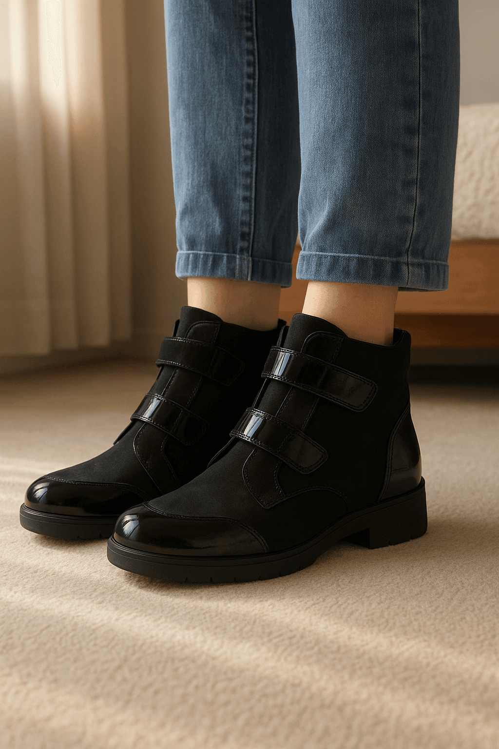 Waldläufer Denver aufrecht stehend, der Kamera zugewandt, in einem sanft beleuchteten Schlafzimmer, mit natürlichem Licht, das durch ein Fenster fällt.