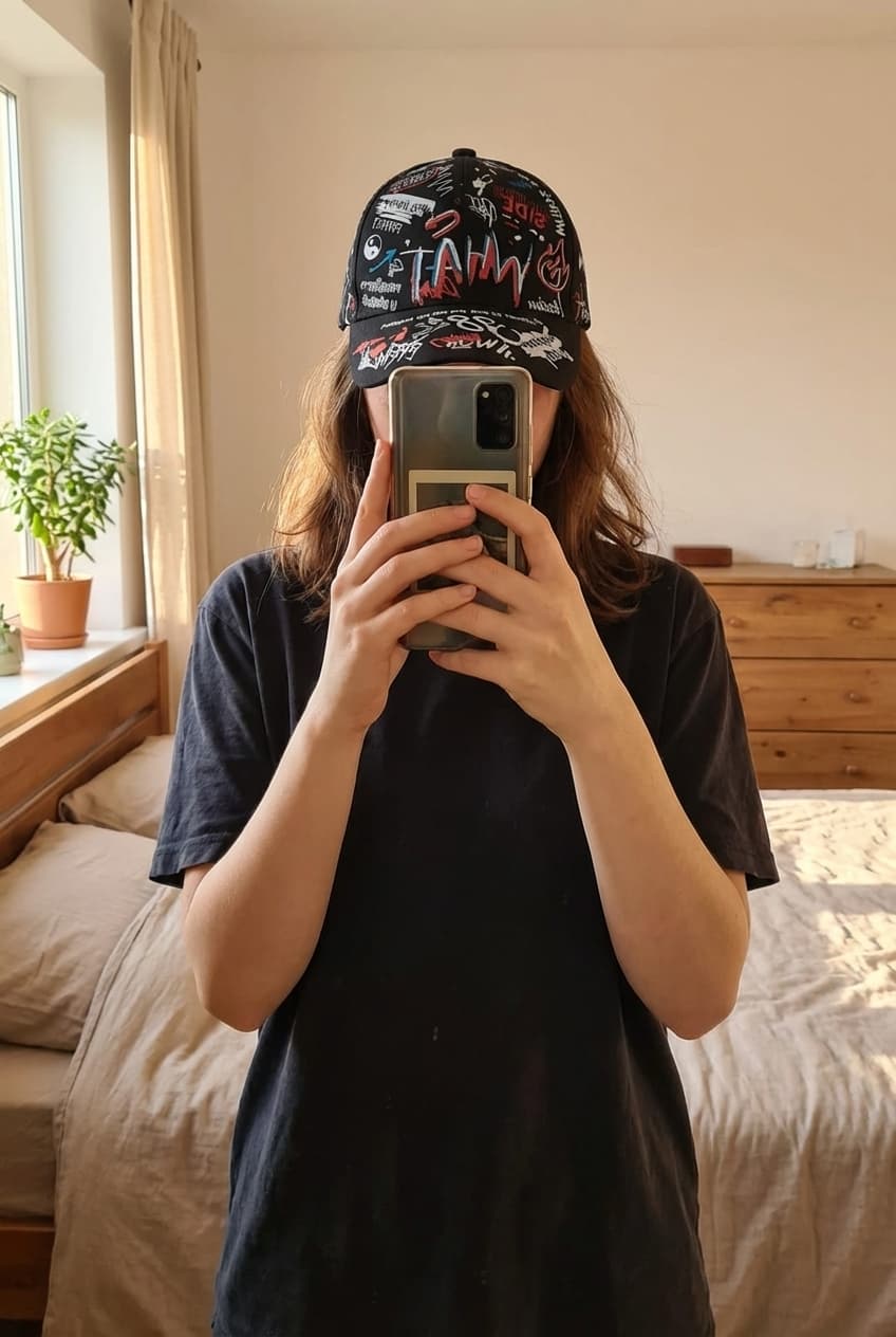 Casquette noire : taille unique debout, face à la caméra, dans une chambre à la lumière douce, avec une lumière naturelle filtrant par la fenêtre.
