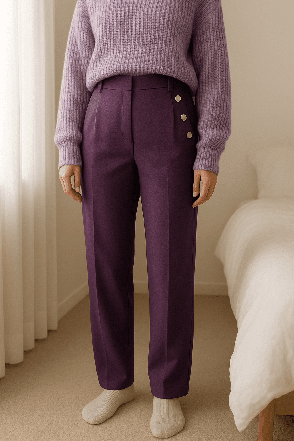 Hose von Sienna aufrecht stehend, der Kamera zugewandt, in einem sanft beleuchteten Schlafzimmer, mit natürlichem Licht, das durch ein Fenster fällt.