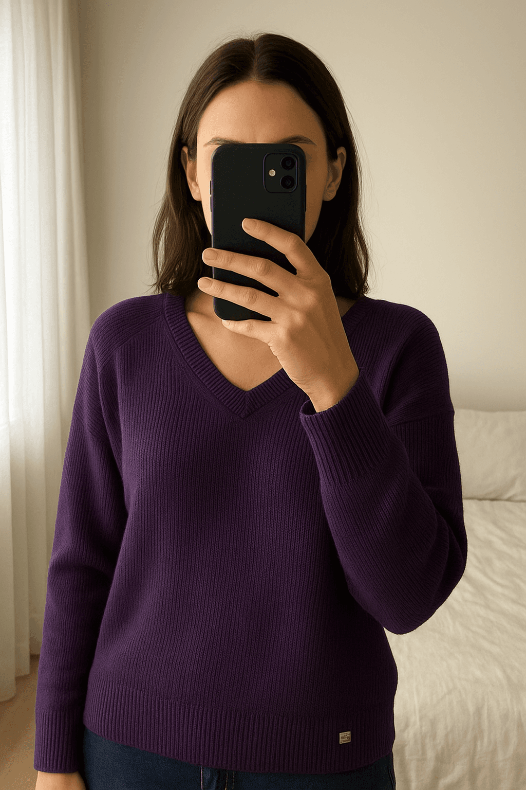 Ralph Lauren Strickpullover / Winterpullover Lila (M) aufrecht stehend, der Kamera zugewandt, in einem sanft beleuchteten Schlafzimmer, mit natürlichem Licht, das durch ein Fenster fällt.
