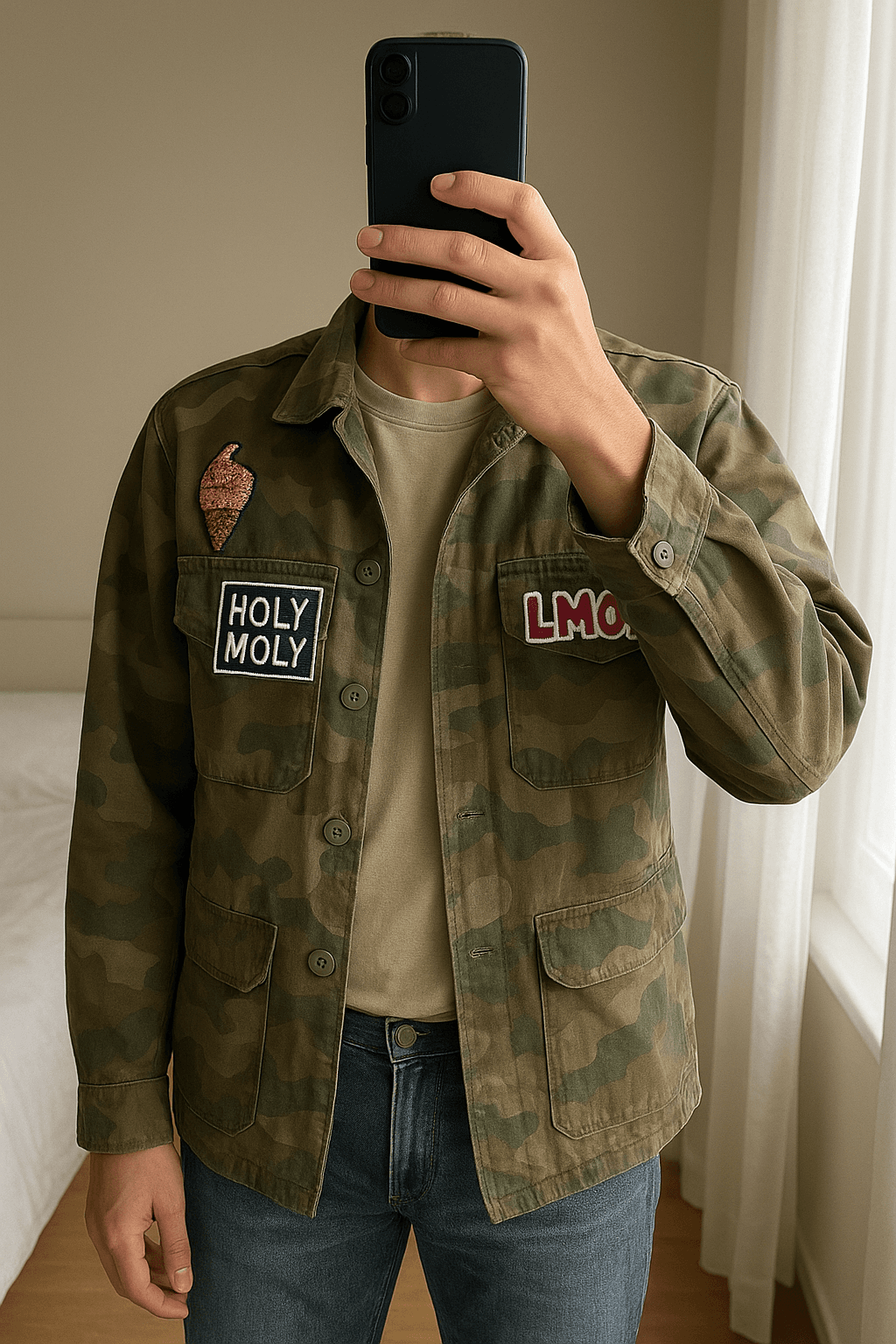 Cool Cat, Hemd Jacke Military Style aufrecht stehend, der Kamera zugewandt, in einem sanft beleuchteten Schlafzimmer, mit natürlichem Licht, das durch ein Fenster fällt.