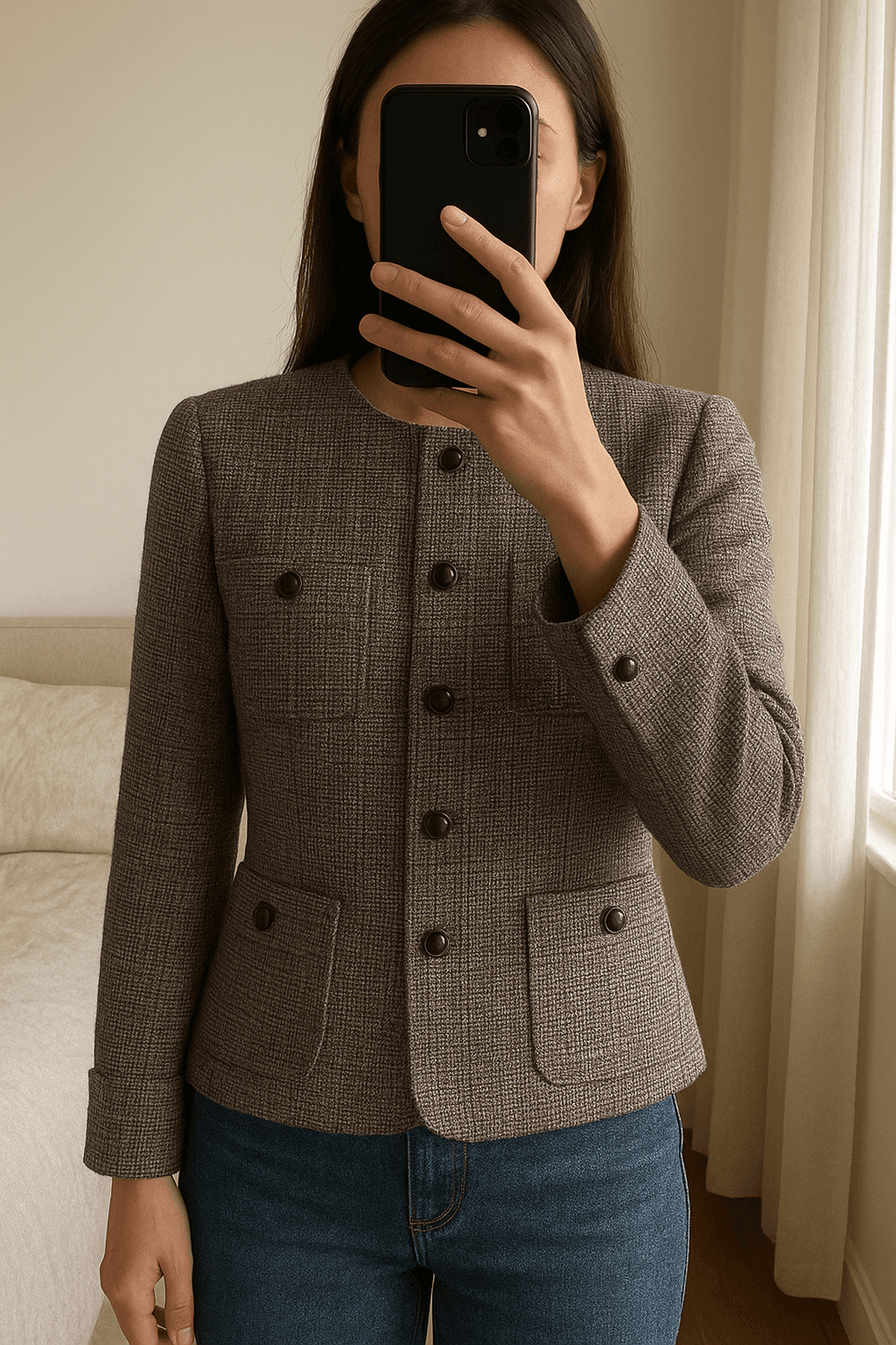 Giacca blazer vintage Max&Co. Classics in piedi, rivolto verso la fotocamera, in una camera da letto con luce soffusa e luce naturale che filtra dalla finestra.