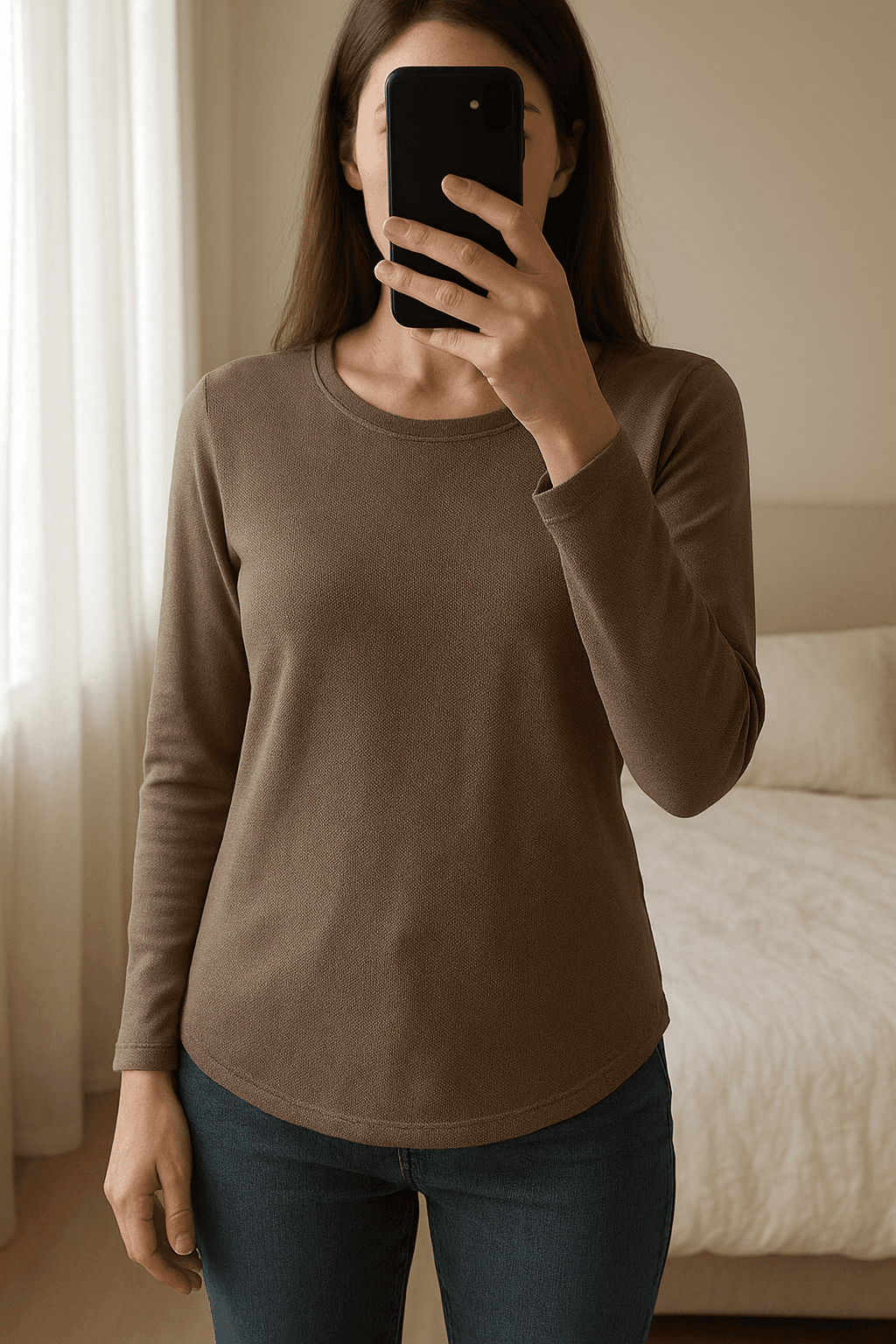 Nieuwe taupekleurige top met sierlijke boord - Entracte - maat M (valt groot) debout, face à la caméra, dans une chambre à la lumière douce, avec une lumière naturelle filtrant par la fenêtre.