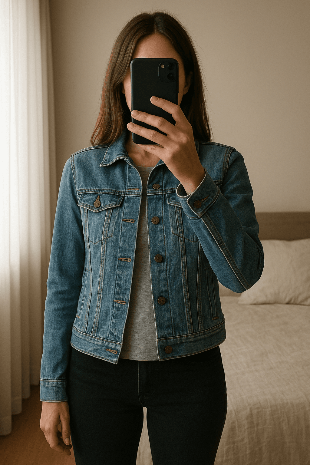 Veste en jean kiabi debout, face à la caméra, dans une chambre à la lumière douce, avec une lumière naturelle filtrant par la fenêtre.