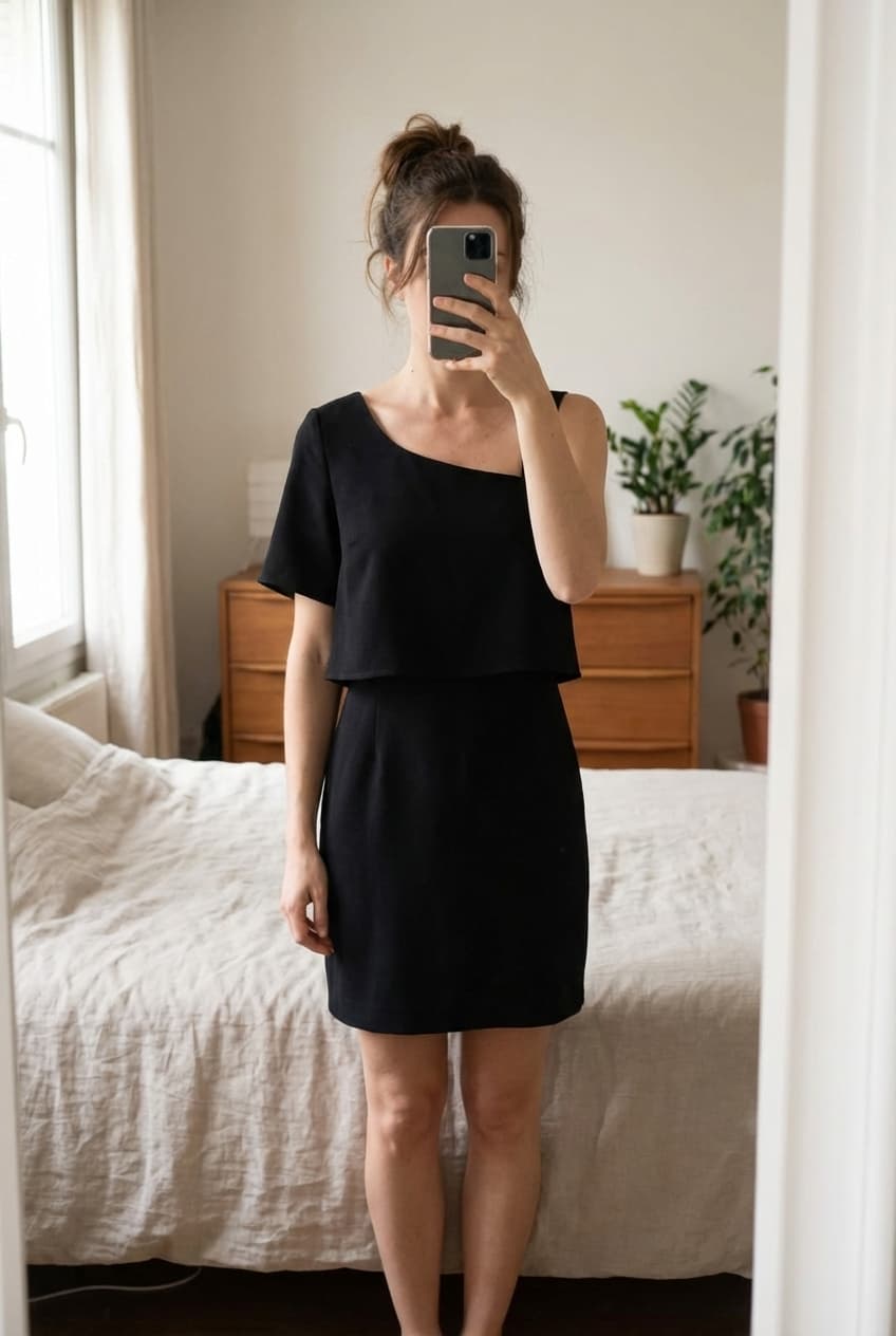 Jolie robe chic debout, face à la caméra, dans une chambre à la lumière douce, avec une lumière naturelle filtrant par la fenêtre.