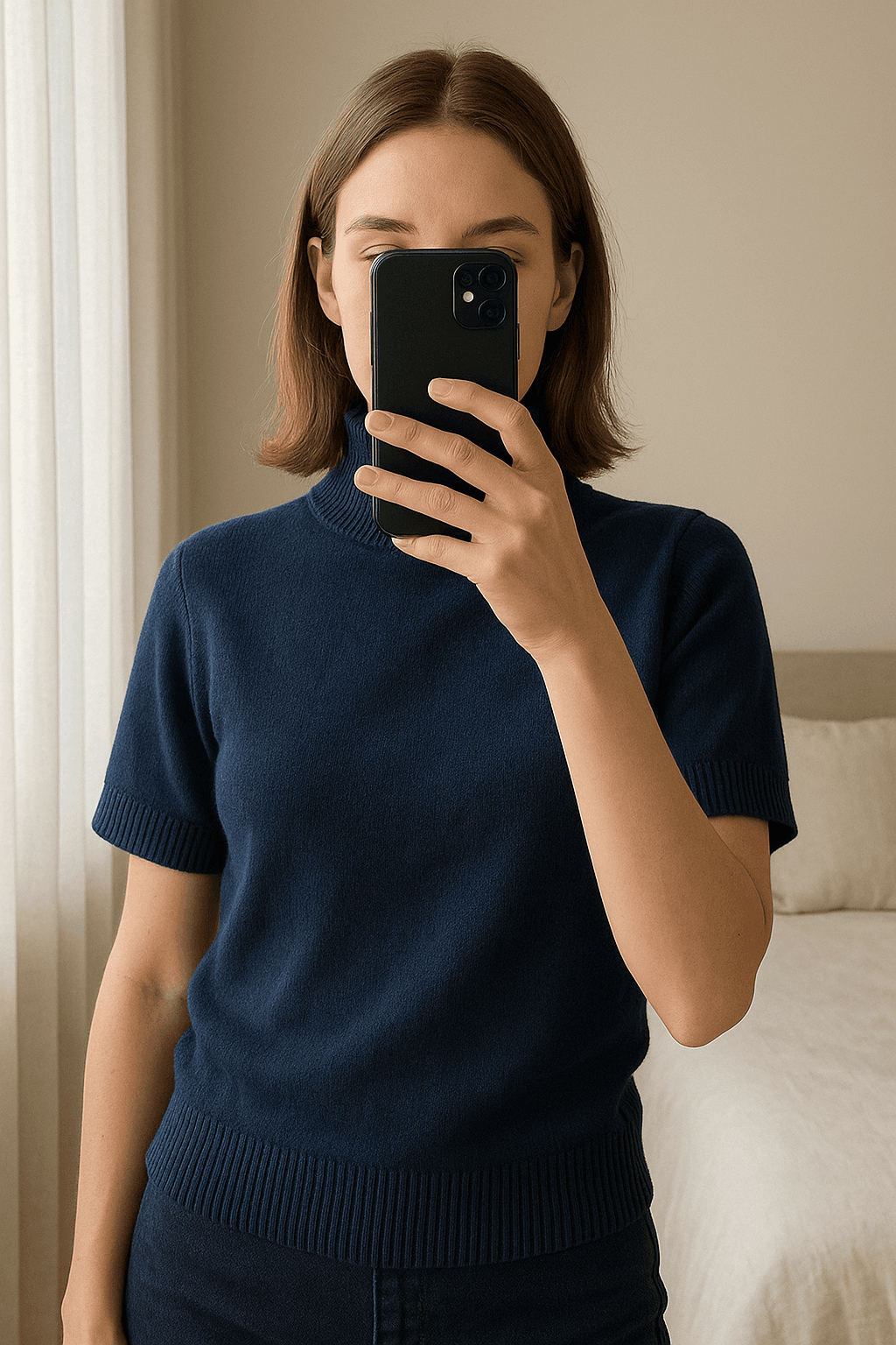 Oversized coltrui met korte mouwen - GAP - maat M - goed debout, face à la caméra, dans une chambre à la lumière douce, avec une lumière naturelle filtrant par la fenêtre.