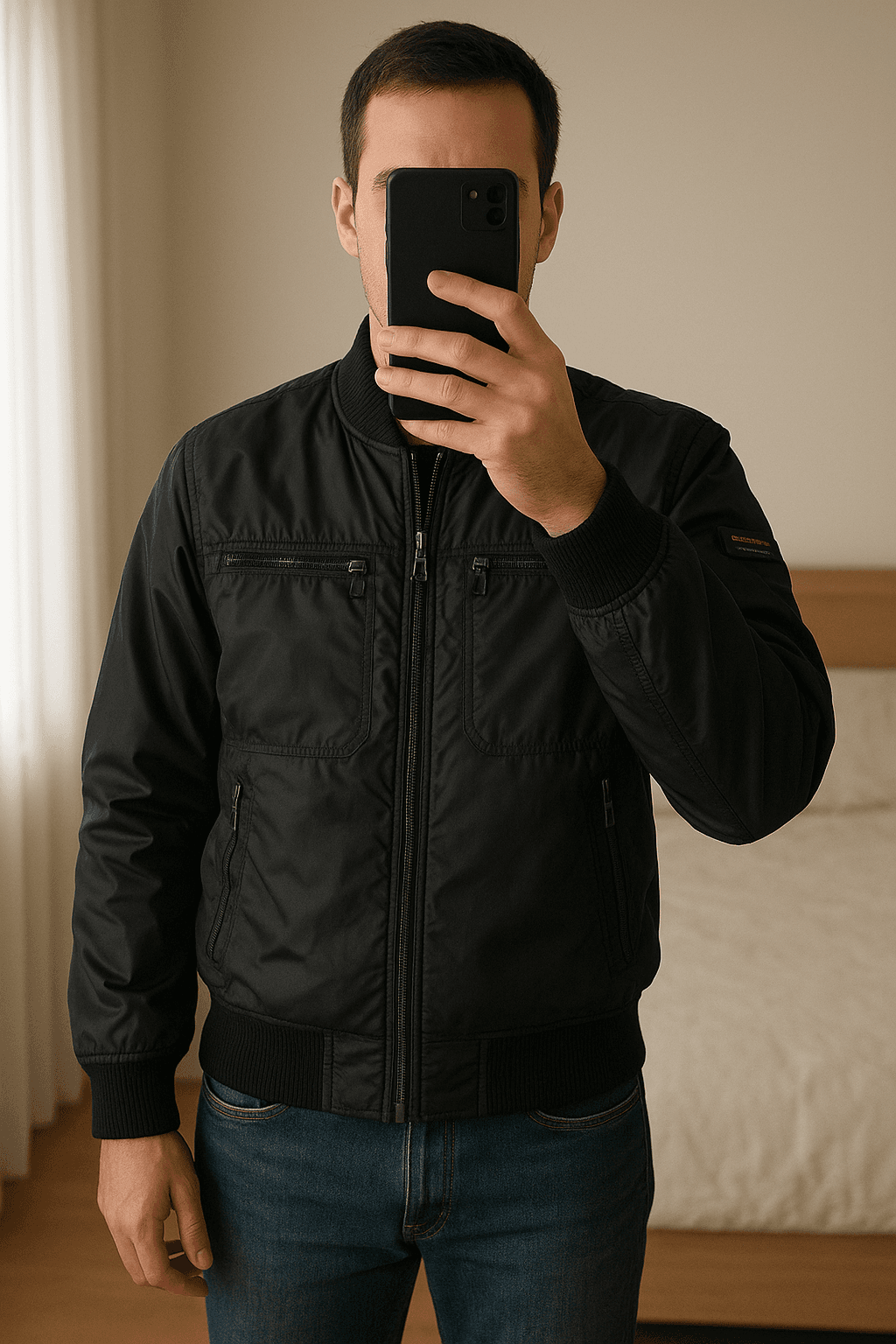 Giubbotto piumino Peuterey uomo blu taglia 50 in piedi, rivolto verso la fotocamera, in una camera da letto con luce soffusa e luce naturale che filtra dalla finestra.