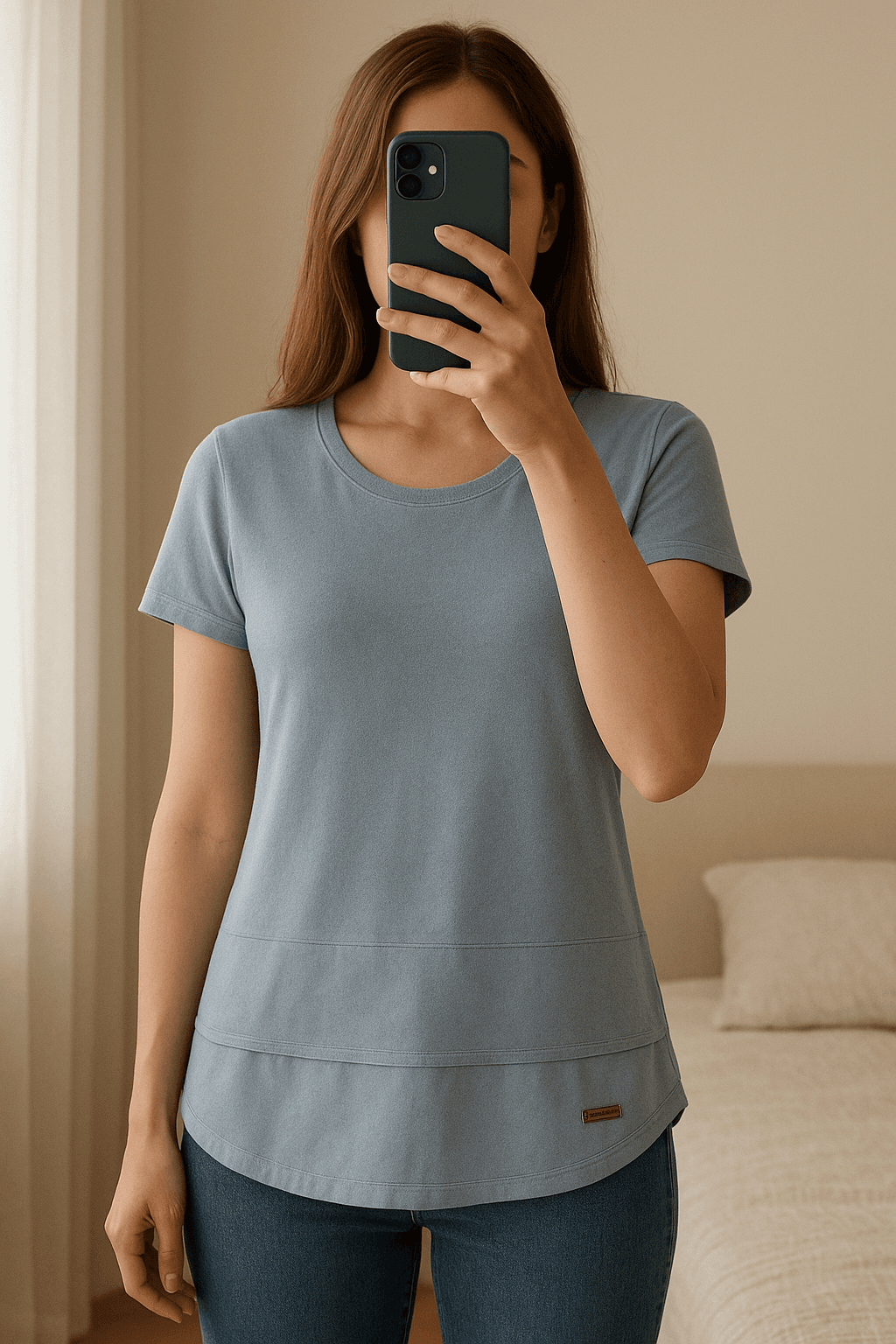 Nieuwe Prachtige grijsblauwe wollen blouse - Xandres - maat XS (valt groot!) debout, face à la caméra, dans une chambre à la lumière douce, avec une lumière naturelle filtrant par la fenêtre.