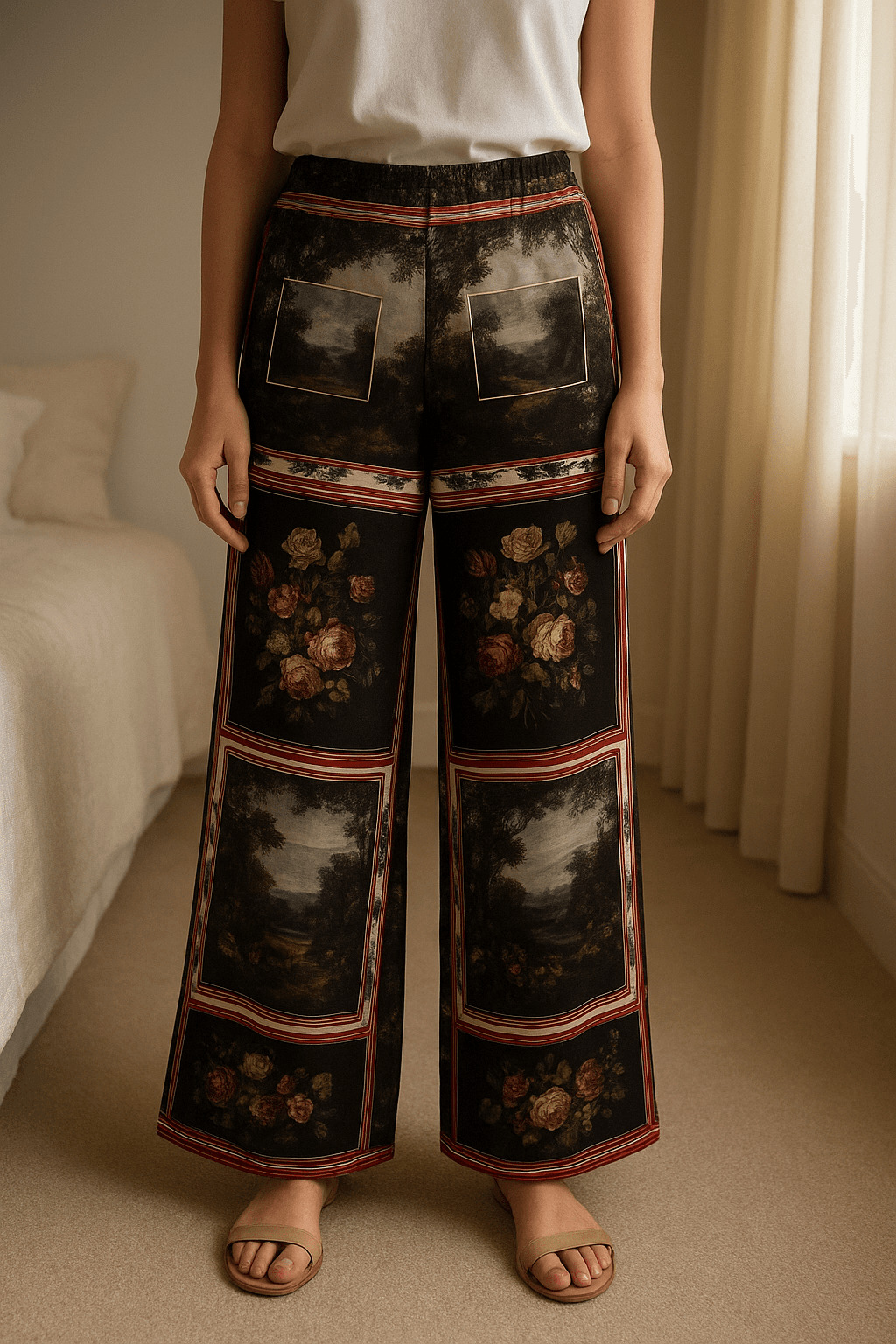 Zara magas derekú mintás női nadrág – M méret, hibátlan állapotban standing straight facing the camera, in a softly lit bedroom setting, with gentle natural light filtering through a window.