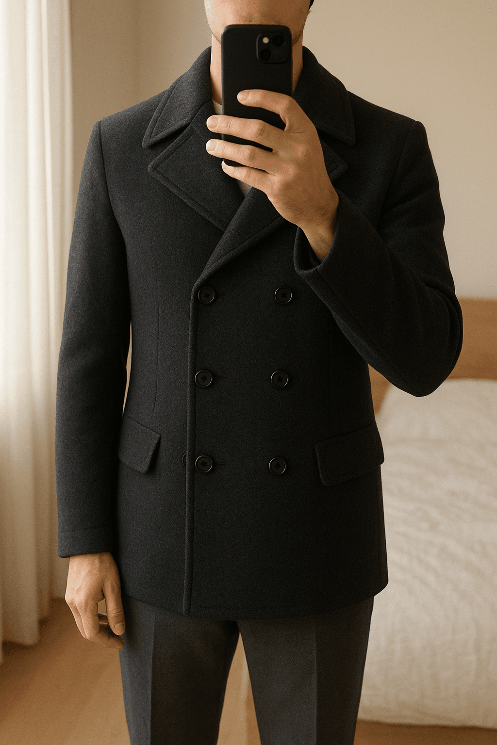 KIN Men's Wool Blend Double Breasted Charcoal Peacoat - Small standing straight facing the camera, in a softly lit bedroom setting, with gentle natural light filtering through a window.