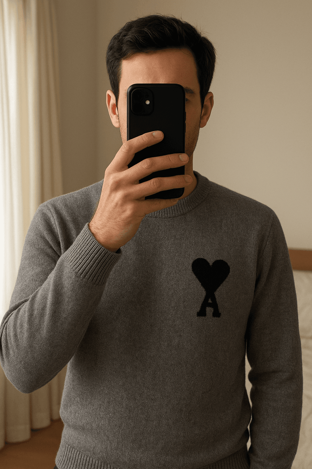 Maglione Ami Paris in piedi, rivolto verso la fotocamera, in una camera da letto con luce soffusa e luce naturale che filtra dalla finestra.
