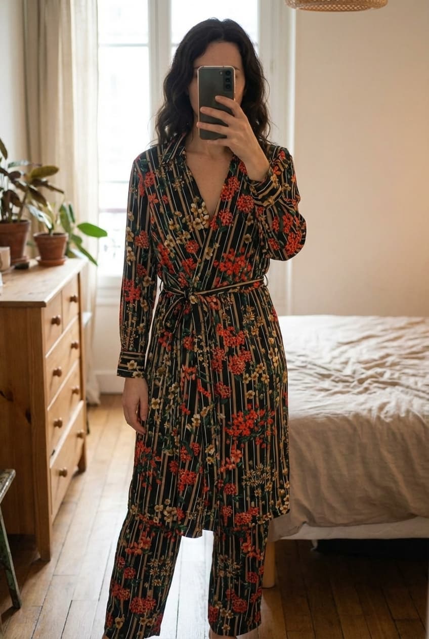 Ensemble zara fleur robe pantalon debout, face à la caméra, dans une chambre à la lumière douce, avec une lumière naturelle filtrant par la fenêtre.